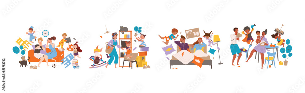 Naughty Hyperactive Children Characters Making Mess Vector Illustration Set Naughty Hyperactive Children Characters Making Mess Vector Illustration Set