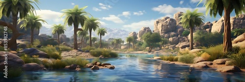 oasis in the desert a serene blue sky and white clouds above a tranquil body of water © Boraryn