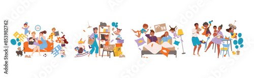 Naughty Hyperactive Children Characters Making Mess Vector Illustration Set