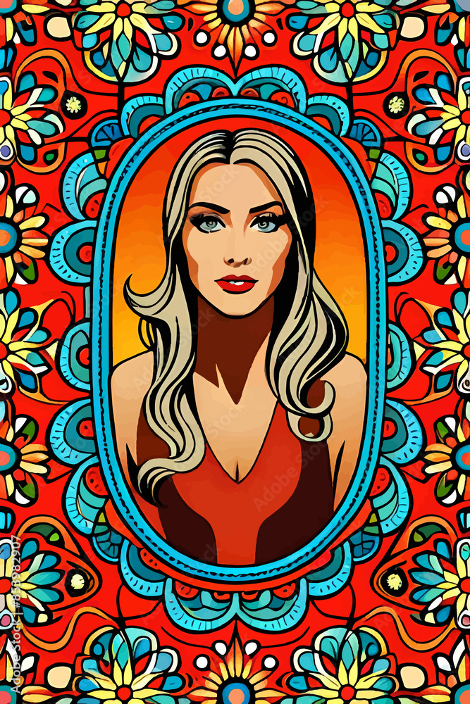 A series of backgrounds featuring women's portraits in 70s modern style. Depicting strong women in floral frames. Perfect for adding text and creating unique designs.