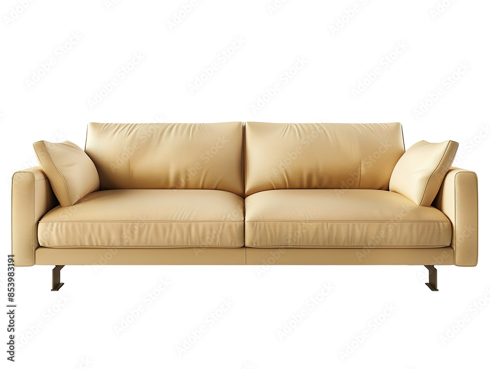 A beige leather rectangular sofa isolated on a white background PNG A beige leather rectangular sofa isolated on a white background PNG