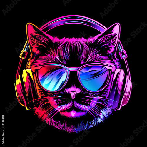 Portrait of a neon dj cat in sunglasses and headphones on a dark background. Fashionable trendy cool print, music dj for party, virtual funky avatar