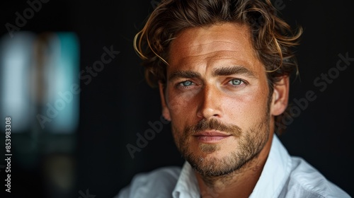 The image displays a handsome man with tousled hair, wearing a white open shirt and a relaxed expression