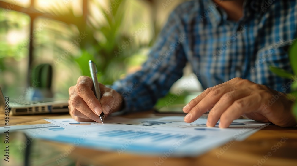Businessperson analyzing financial documents and writing on paper with laptop in the background during sunny day in office. Businessperson analyzing financial documents and writing on paper with laptop in the background during sunny day in office.