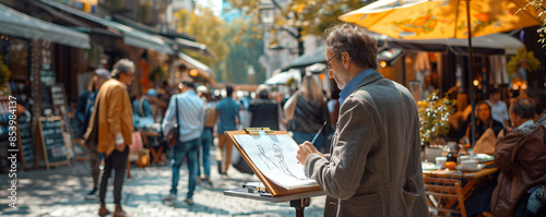 An artist sketching portraits of tourists in a busy tourist area, capturing their likeness with remarkable accuracy. photo