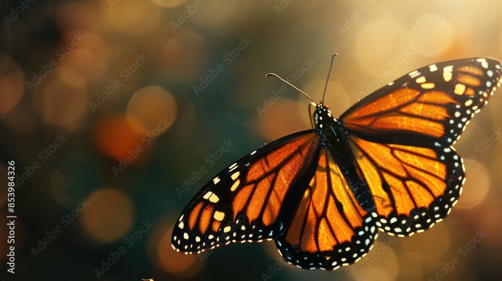 Monarch butterfly with detailed wings in warm sunlight Monarch butterfly with detailed wings in warm sunlight