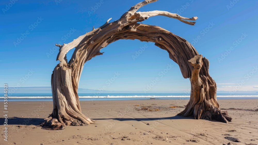 Unique arch-shaped driftwood on serene, sandy beach under clear blue sky Unique arch-shaped driftwood on serene, sandy beach under clear blue sky