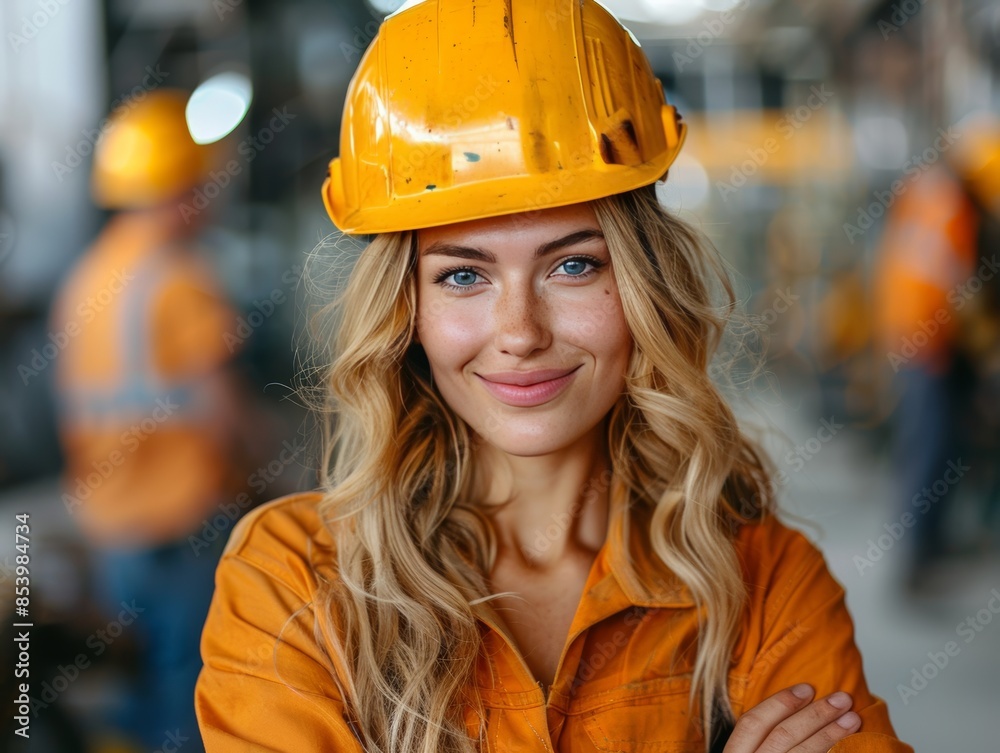 close-up, portrait of a tough, beautiful woman wearing an orange shirt and helmet who works in a mine or construction project close-up, portrait of a tough, beautiful woman wearing an orange shirt and helmet who works in a mine or construction project