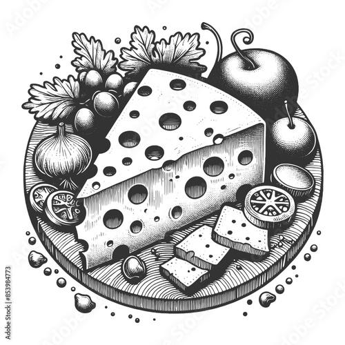 cheese platter featuring a wedge of cheese, fruits, and crackers on a wooden board sketch engraving generative ai vector illustration. Scratch board imitation. Black and white image.