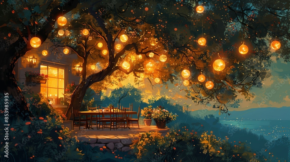 Naklejka premium Evening Dinner Under a Tree Lit With String Lights