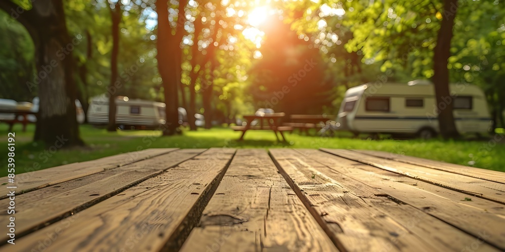 Wooden table in park with camper trailers and grass in background. Concept Outdoor Photoshoot, Nature Setting, Picnic Vibe, Camping Theme, Rustic Decor Wooden table in park with camper trailers and grass in background. Concept Outdoor Photoshoot, Nature Setting, Picnic Vibe, Camping Theme, Rustic Decor