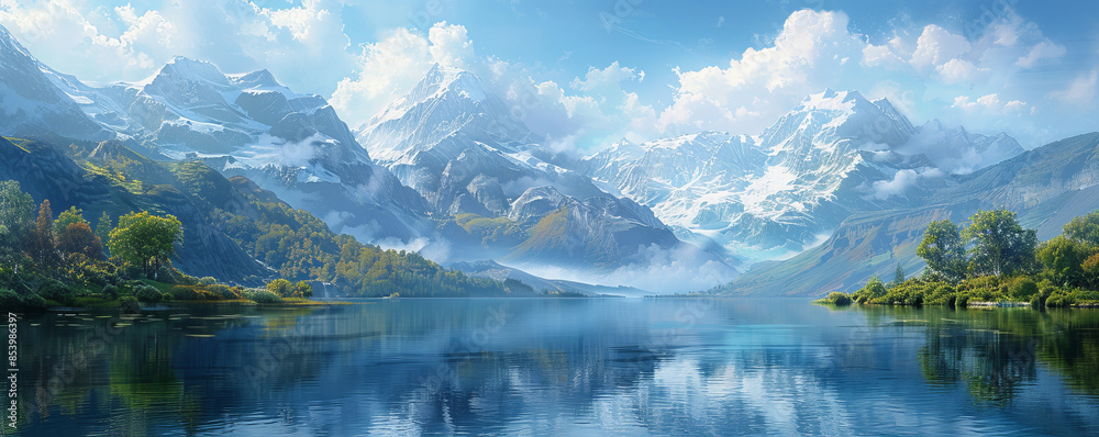 Obraz premium A serene mountain lake surrounded by towering peaks, with mirror-like waters reflecting the rugged landscape.