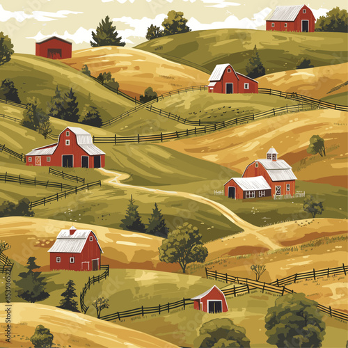 A seamless pattern of a peaceful countryside landscape featuring rolling hills, red barns, and farmhouses. The illustration highlights the lush greenery and gentle curves of the rural setting, perfect