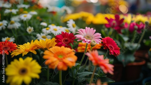 A close-up view of a variety of colorful gerbera daisies in full bloom. The flowers are in various shades of pink, red, orange, and yellow, and are arranged in a cluster, creating a vibrant display.