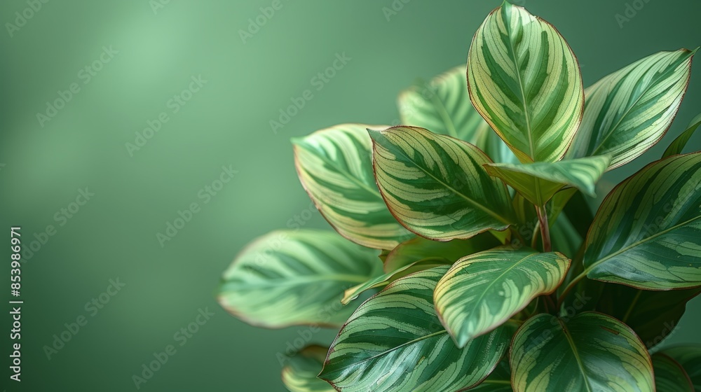 Fototapeta premium A close-up image of a prayer plant, showcasing its vibrant green and white striped leaves.