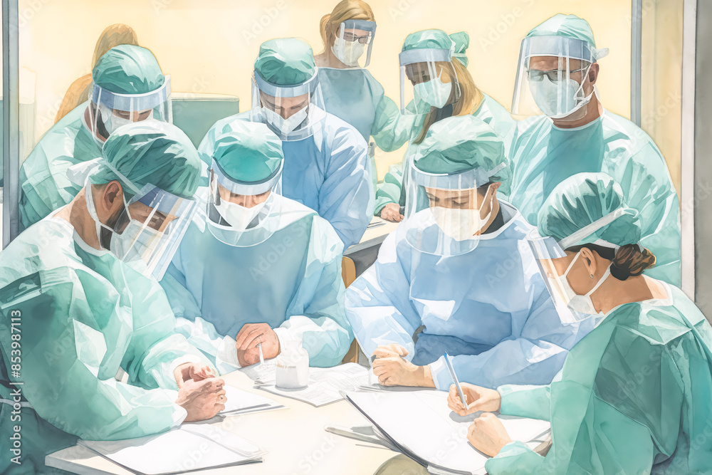 A group of doctors wearing protective gear. Scene is serious and focused. The idea of the image is to show the importance of wearing protective gear in a medical setting A group of doctors wearing protective gear. Scene is serious and focused. The idea of the image is to show the importance of wearing protective gear in a medical setting
