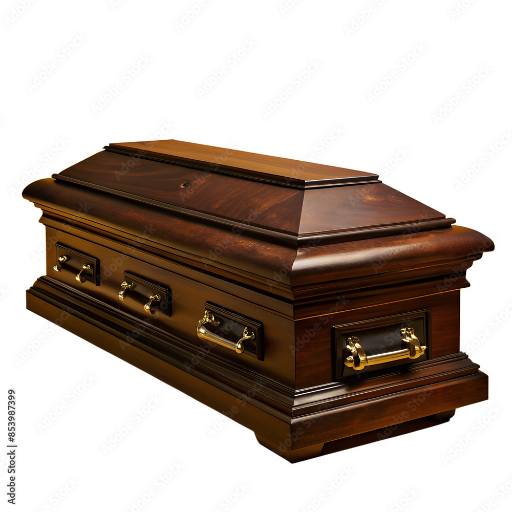 Elegant wooden casket with brass handles, symbolizing dignity and respect in a solemn funeral setting.