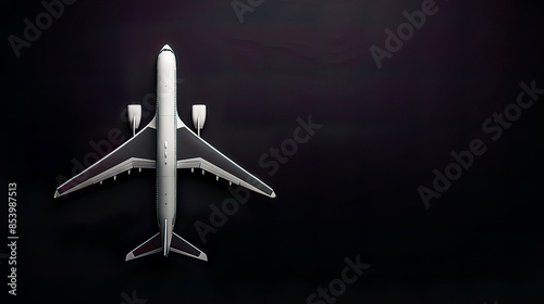 Ultra-detailed top view of an aircraft model on a black with empty space showcasing intricate details concept of the aircraft industry airline safety and traveling insurance 