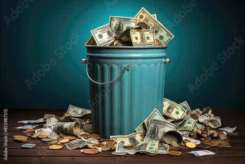 generated illustration money in the trash bin