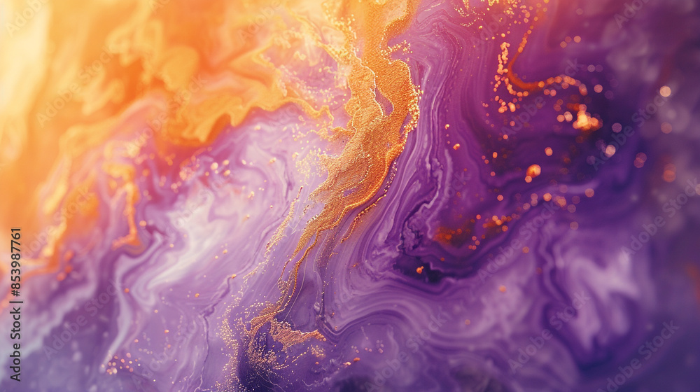 a fluid watercolor painting with an ethereal atmosphere, using a purple-orange-ochre color scheme with hints of gold.