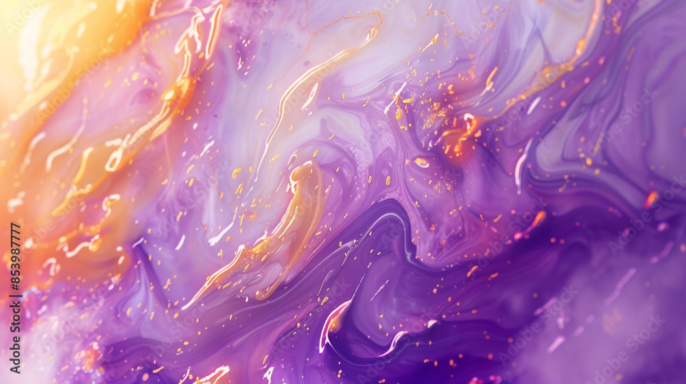Fototapeta premium a fluid watercolor painting with an ethereal atmosphere, using a purple-orange-ochre color scheme with hints of gold.