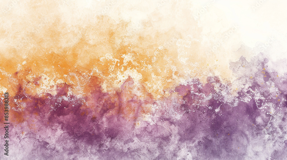 Fototapeta premium a tranquil watercolor with deep purple, orange, ochre, and gold hues, fading to a near-white background.