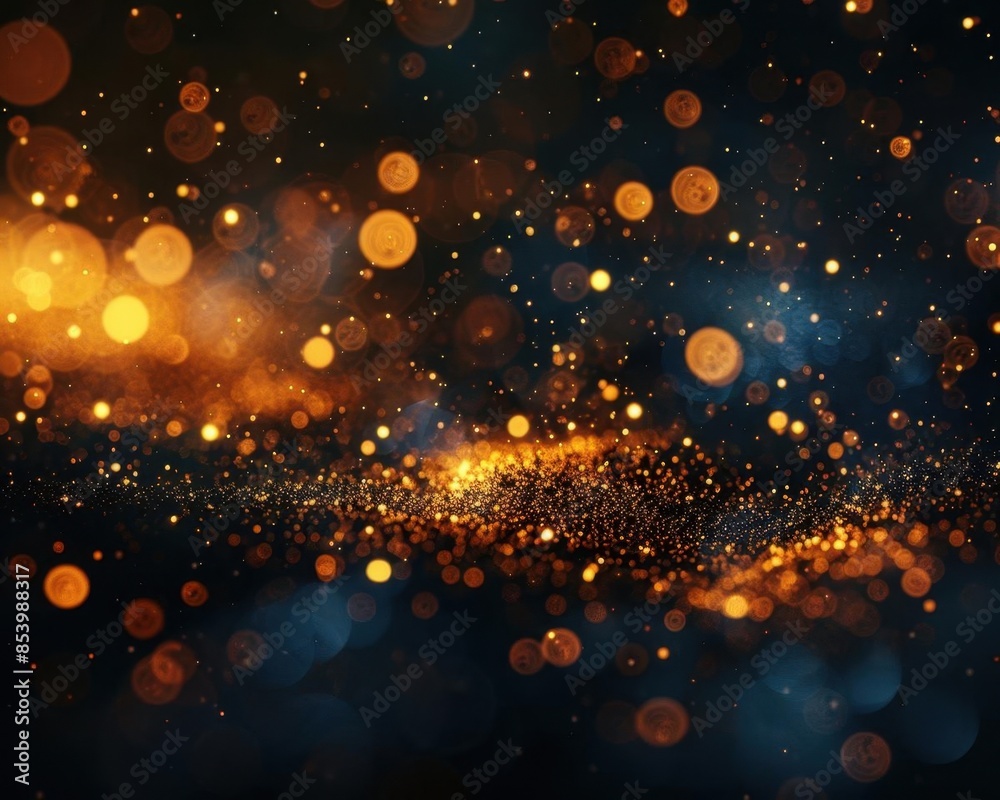 Obraz premium Festive dark background with shimmering gold glitter and soft bokeh lights Perfect for New Year, birthday, and holiday celebrations Luxurious and vibrant