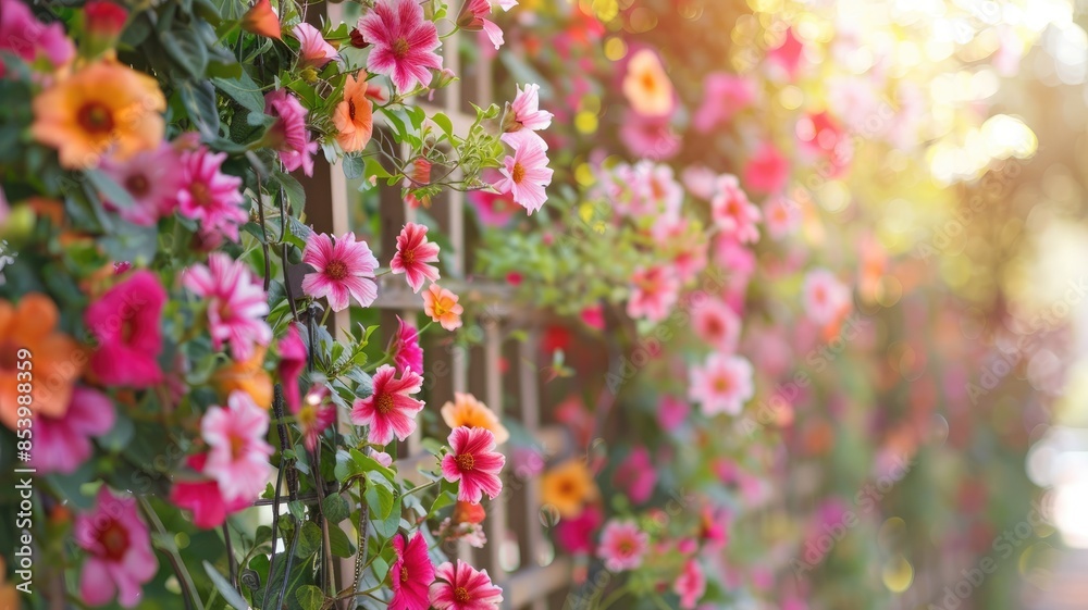 Obraz premium Brightly colored flowers in lush garden on sunny day, with variety of pink and orange blooms