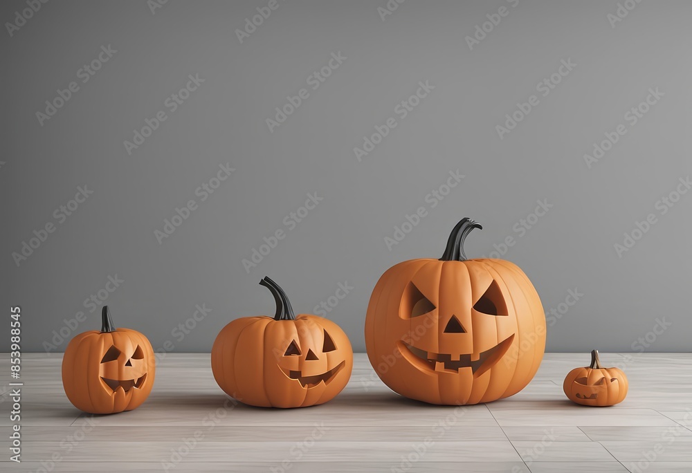 The image features a minimalistic Halloween arrangement with carved Jack-o'-lantern pumpkins displayed on a light wooden floor against a grey background.