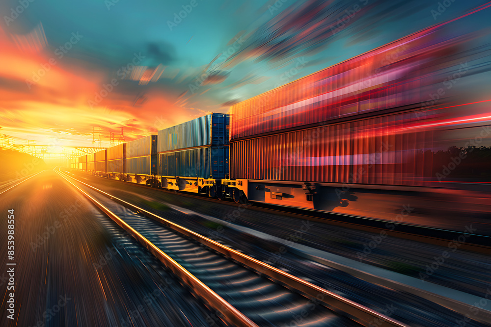 Obraz premium A detailed photo of a train loaded with shipping containers passing through a scenic landscape at sunset, with the motion blur effect highlighting the speed and efficiency of cargo transportation 