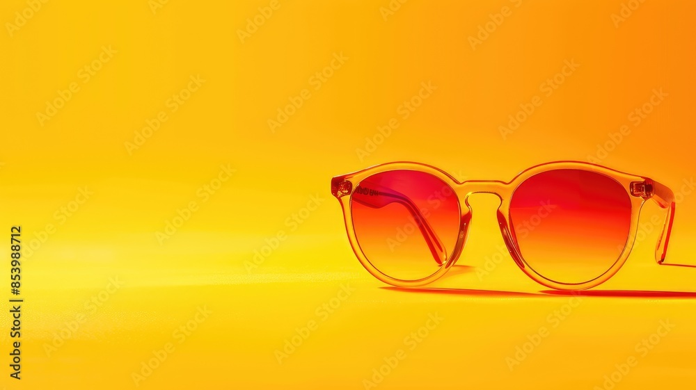 Stylish sunglasses with tinted lenses on vibrant yellow background Stylish sunglasses with tinted lenses on vibrant yellow background