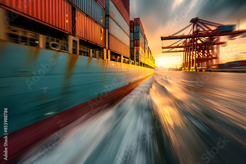 A dynamic photo of a cargo ship loaded with containers, sailing under a bridge at sunset, with a motion blur effect emphasizing the fast pace of global trade and transportation © mediahain.de