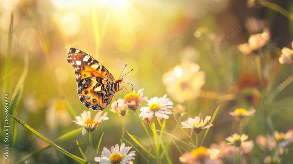 A butterfly on a flower in a sunlit meadow, showcasing the harmony between flora and fauna. A butterfly on a flower in a sunlit meadow, showcasing the harmony between flora and fauna.