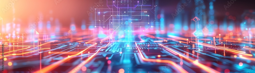 Futuristic abstract technology background with colorful glowing circuit board and digital elements, showcasing modern innovation and connectivity. Futuristic abstract technology background with colorful glowing circuit board and digital elements, showcasing modern innovation and connectivity.