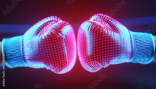 Futuristic boxing gloves with neon digital effects, symbolizing technology integration in sports on a dark background.