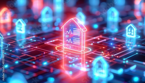 Futuristic smart city with glowing neon buildings connected by a vibrant, digitized grid representing technology and innovation.