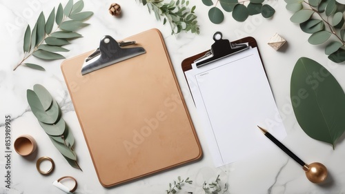 Mockup of wooden clipboard with blank paper on marble table with office supplies and eucalyptus branches. Top view with copy space, flat lay. Flat lay stylised coffee table text space 