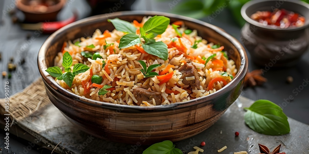 Indian biryani recipes featuring spicy rice dishes with meat curry and basmati rice. Concept Indian Cuisine, Spicy Recipes, Rice Dishes, Meat Curry, Biryani Indian biryani recipes featuring spicy rice dishes with meat curry and basmati rice. Concept Indian Cuisine, Spicy Recipes, Rice Dishes, Meat Curry, Biryani