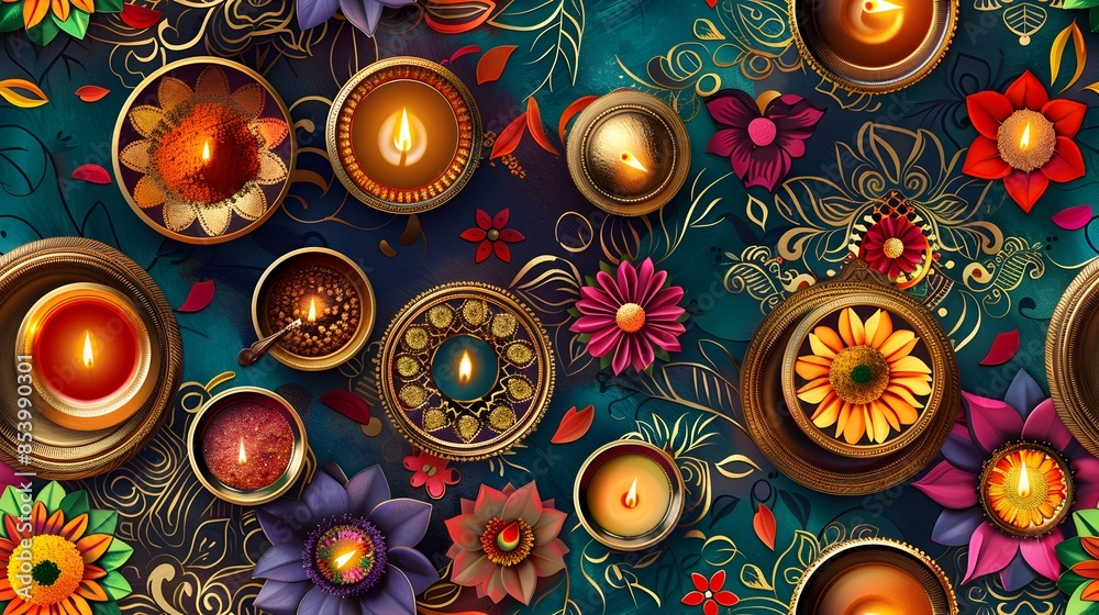 Vibrant Diwali Feast with Intricate Floral Patterns and Glowing Oil Lamps Vibrant Diwali Feast with Intricate Floral Patterns and Glowing Oil Lamps