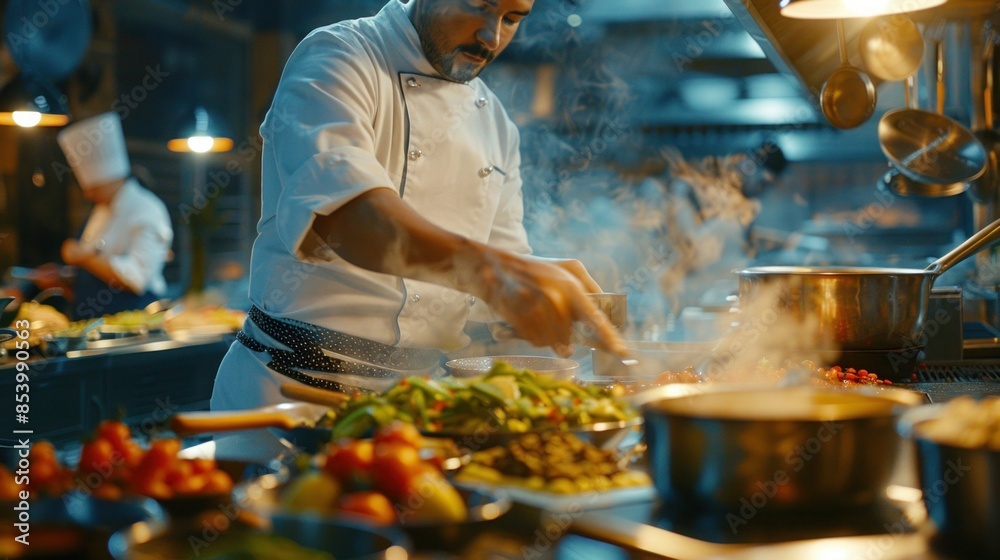 Chef teaches students training in cooking in a restaurant. Chef teaches students training in cooking in a restaurant.