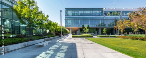 The office building has a modern exterior with glass facades and is surrounded by autumn trees along the pathway AIG59 photo