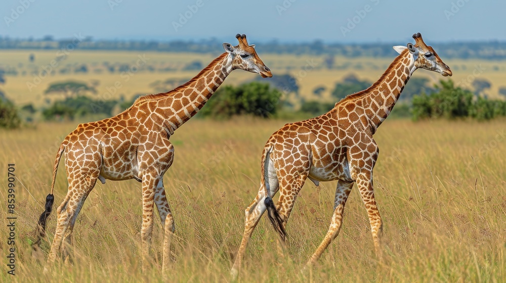 Obraz premium Two majestic giraffes standing in the natural savanna landscape under a clear blue sky, exhibiting wildlife in its habitat