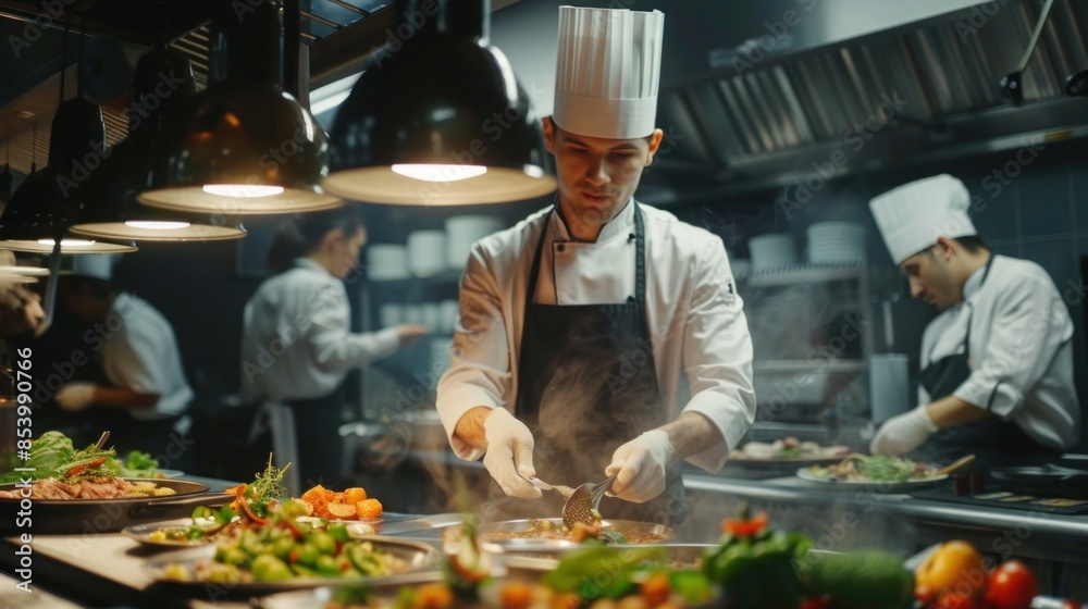 Chef teaches students training in cooking in a restaurant. Chef teaches students training in cooking in a restaurant.