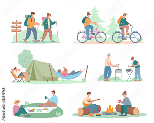 Happy couple of people Camping. Summer camping activity. Girl and boy spending time together and relaxing in nature. Summer hobby set vector illustrations isolated on white background.