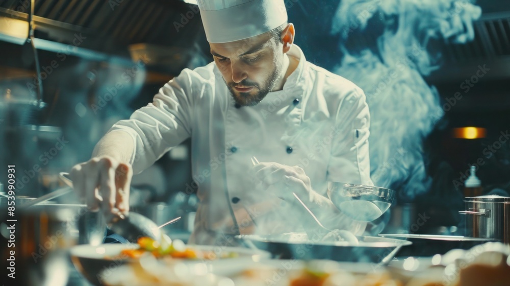 Chef teaches students training in cooking in a restaurant. Chef teaches students training in cooking in a restaurant.