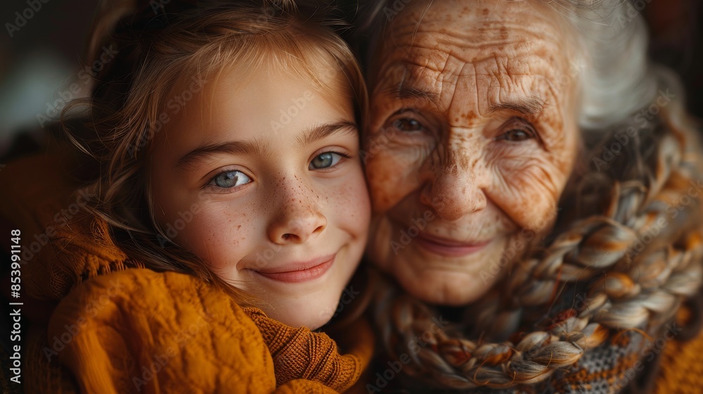 Grandmother and granddaughter with heads close together, smiling Grandmother and granddaughter with heads close together, smiling