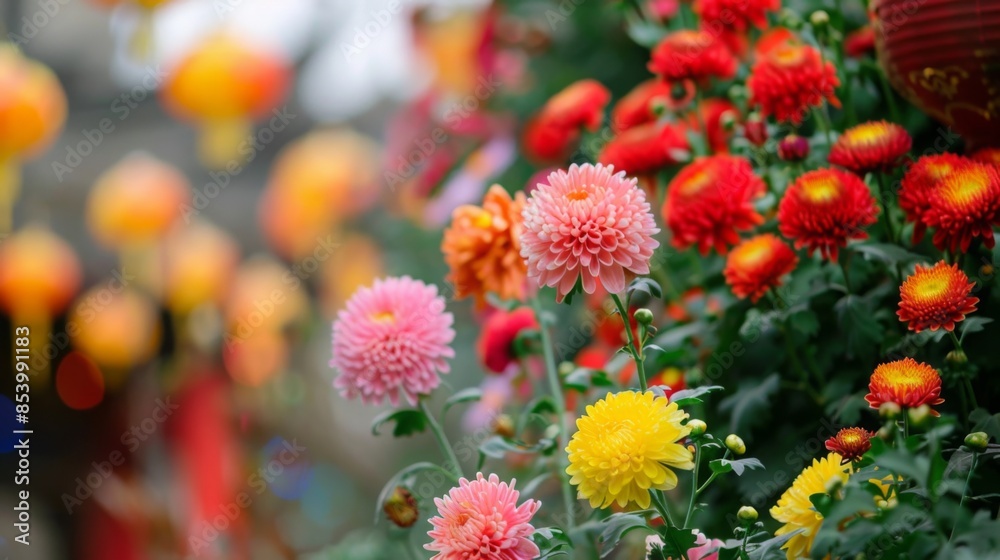 A close-up shot of a variety of brightly colored chrysanthemums blooming in a garden setting. The flowers are a mix of pink, yellow, red, and orange. A close-up shot of a variety of brightly colored chrysanthemums blooming in a garden setting. The flowers are a mix of pink, yellow, red, and orange.