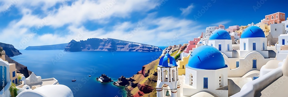 Fototapeta premium santorini's blue domes stand out against the clear blue sky and water, with a small boat anchored nearby