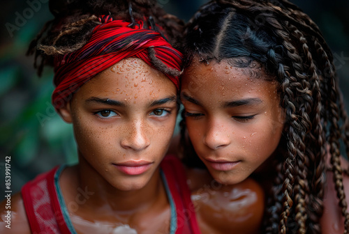 Two African-American women embrace, expressing reconciliation after a quarrel. One of them has bright red curly hair. © Neuro architect