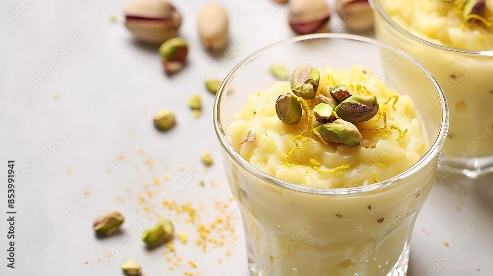 Gourmet Saffron and Pistachios Rice Pudding Dessert on Elegant Plate Stock Photo Gourmet Saffron and Pistachios Rice Pudding Dessert on Elegant Plate Stock Photo